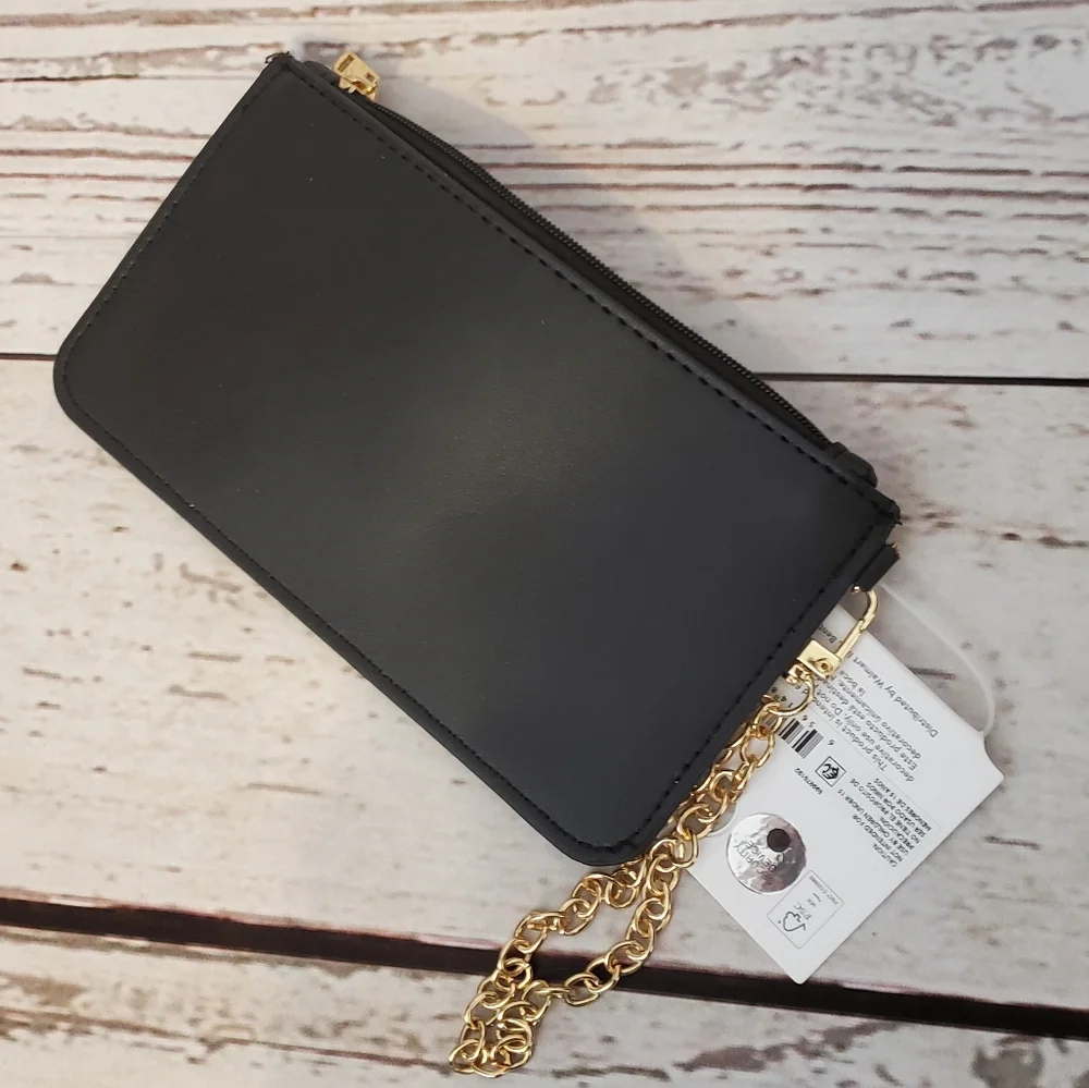 Time and Tru women's vinyl monogram initial wristlet black with goldtone chain